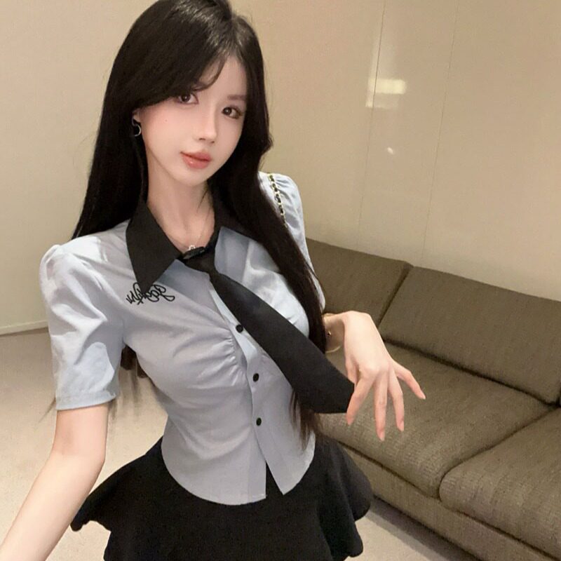 学院风蓝色刺绣2025两件套polo领