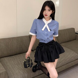夏季美式复古学院风格子短袖衬衫纯欲女辣妹高腰蓬蓬短裙两件套装