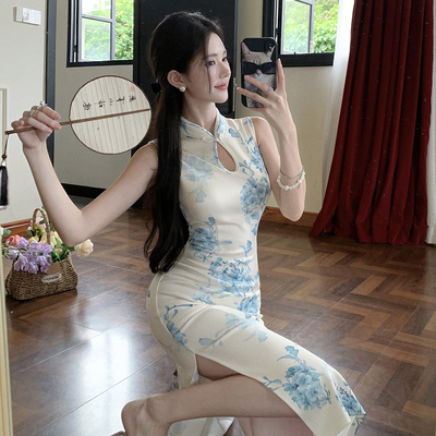 小个子夏季高级感新中式国风复古改良旗袍年轻款印花无袖连衣裙子