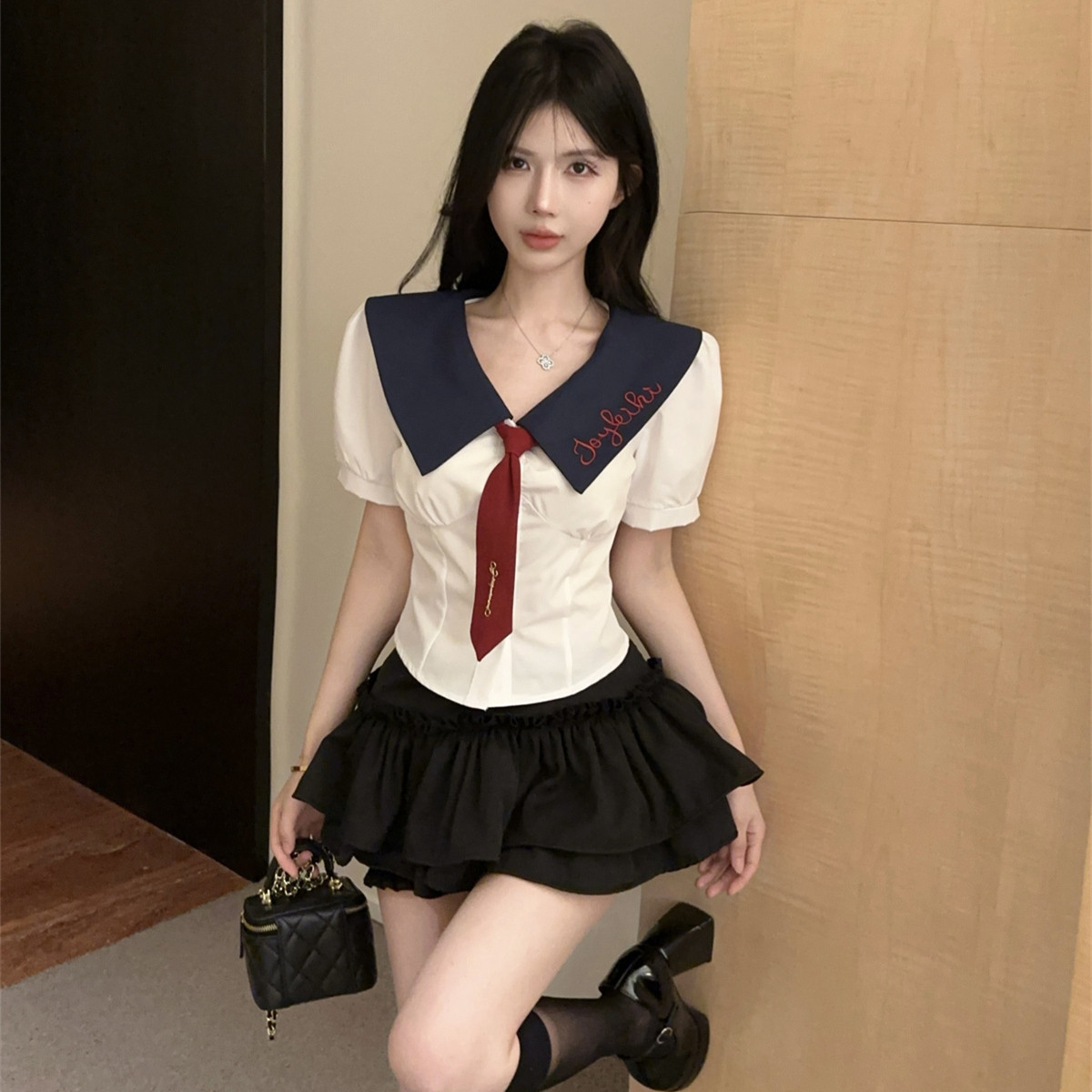 学院风jk制服辣妹字母印花短袖领带上衣套装高腰蛋糕裤裙子两件套