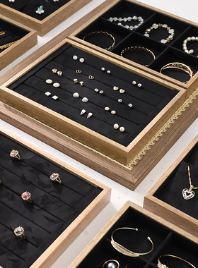 首饰展示盘带盖实木黑色绒布文玩收纳盘手链戒指项链珠宝饰品托盘