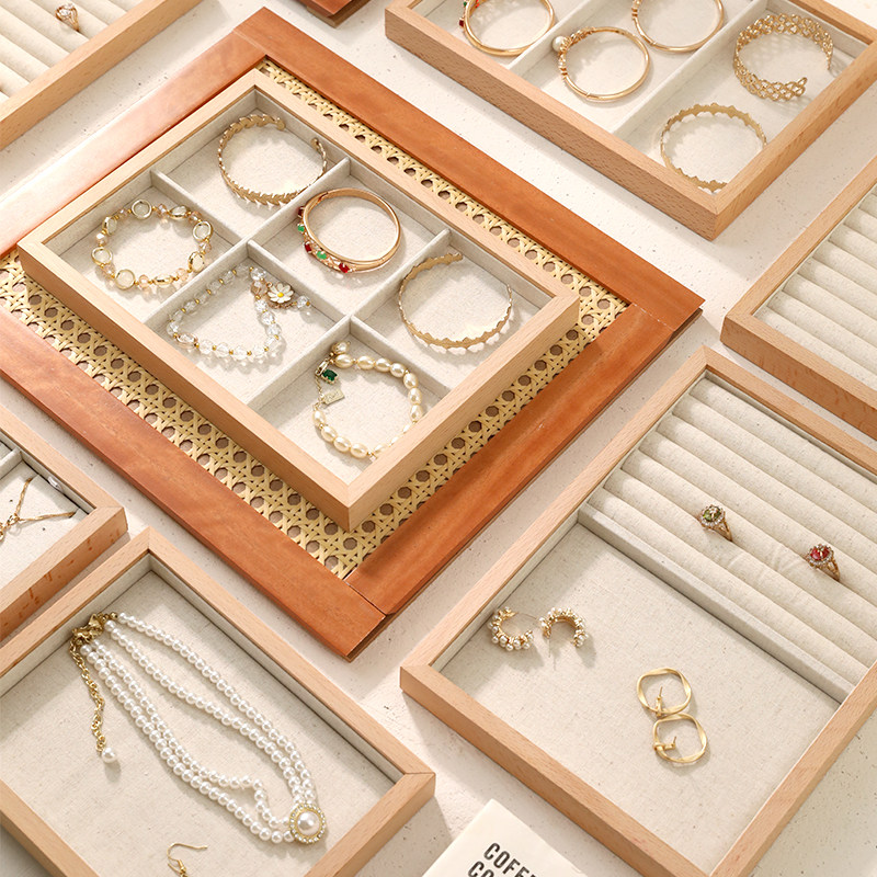 首饰托盘带盖实木耳钉戒指手串项链展示盘麻布饰品陈列展示托盘