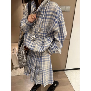 上衣 韩系学院风miu系清新减龄宽松长袖 FILLE 花苞领格子外套