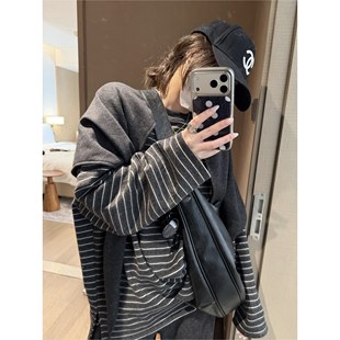 复古松弛感休闲慵懒加绒小衫 两件套秋冬 披肩条纹长袖 FILLE