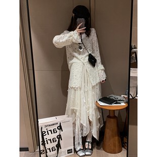 小衫 FILLE 内搭长袖 纯欲温柔花边开叉叠穿薄款 女 v领蕾丝上衣