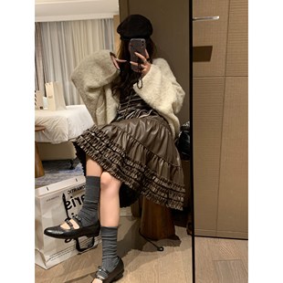 FILLE｜花边皮中裙 拼接抽褶蛋糕半身裙 复古甜美氛围感层次法式