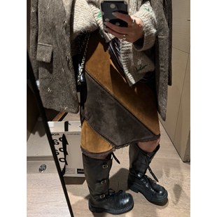 FILLE｜拼接中裙 高品质复古美拉德花边刺绣直筒显瘦麂皮半身裙