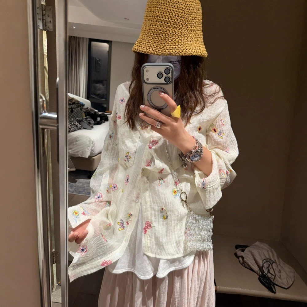 FILLE｜刺锈花朵防晒衬衫 田园风重工氛围感度假风薄款空调衫外套