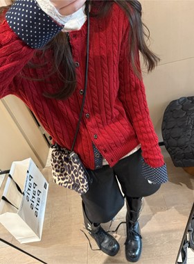 FILLE｜波点拼接小开衫 韩系复古miu系麻花羊毛针织上衣2025冬女