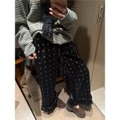 气质复古显瘦加绒阔腿宽松丝绒裤 FILLE 花边波点九分裤 子女