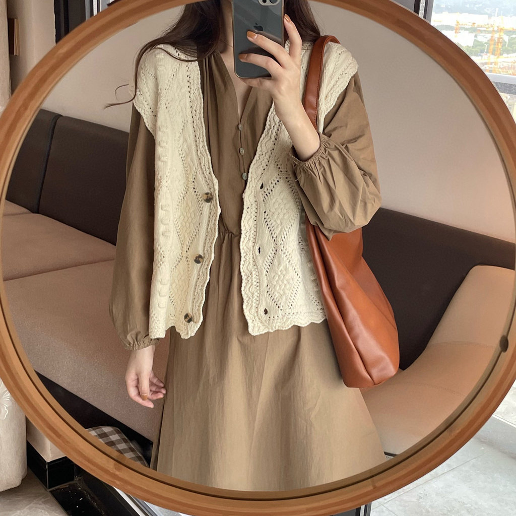 FILLE | 麻花马甲杏。自制 复古甜美镂空花边气质针织无袖外套女