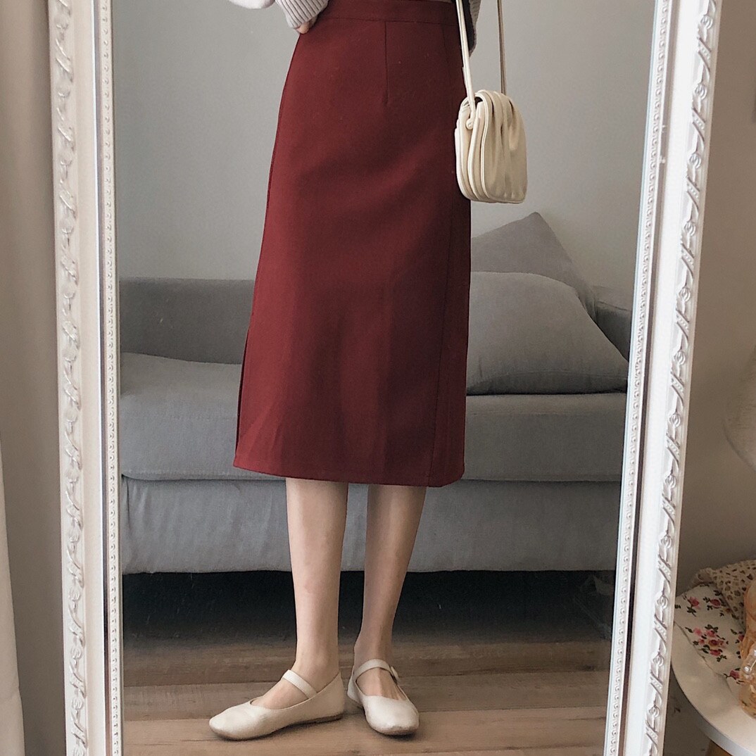 FILLE | 浆果裙。自制 复古文艺纯色直筒显瘦开叉中长款半身裙女