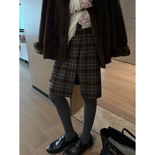 FILLE｜钉珠格子中裙 氛围感复古英伦风撞色开叉毛呢高腰半身裙