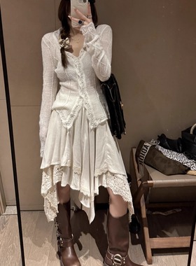 FILLE｜正版～不规则亚麻中裙 高品质气质度假蕾丝花边显瘦半身裙