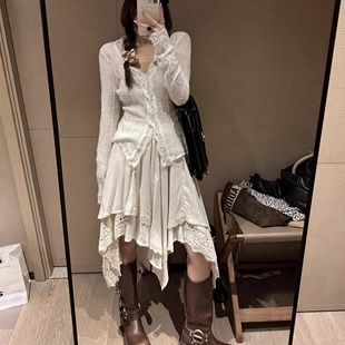 FILLE｜正版 高品质气质度假蕾丝花边显瘦半身裙 ～不规则亚麻中裙