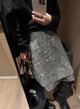 FILLE｜亮片假两件中裙 小香风复古重工千金老钱氛围感显瘦半身裙