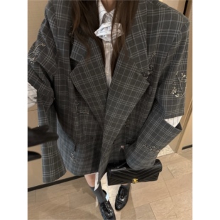 老钱风重工大牌松弛感亮片设计廓形外套 钉珠西装 FILLE 开叉袖