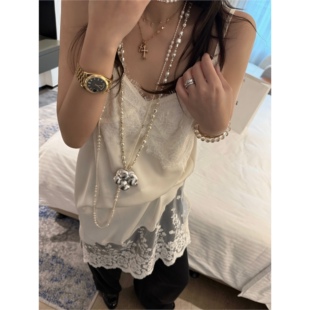 FILLE | 缎面吊带裙 富家千金风温柔叠穿刺绣蕾丝花边开叉裙子