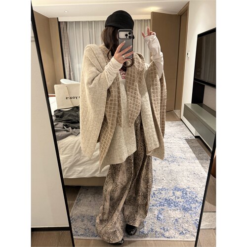 原创正版连帽斗篷开衫格纹提花