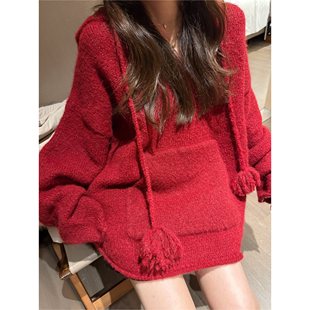 FILLE｜连帽毛球毛衣 复古氛围感圣诞新年保暖慵懒松弛套头上衣