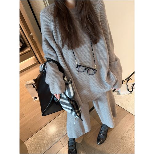 慵懒松弛感上衣阔腿裤针织两件套