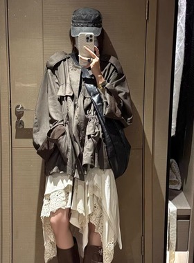 FILLE | 军绿色亚麻开衫 松弛感大牌穿搭工装风大衣开衫短外套