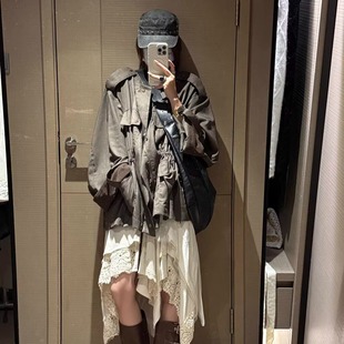 风大衣开衫 松弛感大牌穿搭工装 短外套 军绿色亚麻开衫 FILLE