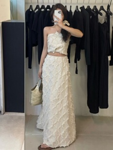 FILLE｜亚麻两件套 高品质小众设计重工度假风抹胸上衣伞裙半身裙