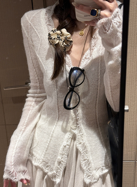 FILLE 花边针织开衫 韩系马海毛甜美显瘦气质V领羊毛长袖外套