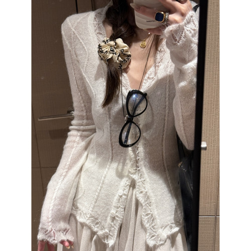 FILLE 花边针织开衫 韩系甜美显瘦气质V领马海毛长袖外套