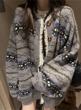 FILLE｜费尔岛蕾丝大开衫 格雷系复古提花氛围松弛感针织毛衣外套