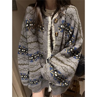 FILLE｜费尔岛蕾丝大开衫 格雷系复古提花氛围松弛感针织毛衣外套