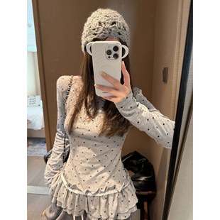 上衣 miu系爱心荷叶边蕾丝拼接叠穿套头小衫 FILLE 花边打底衫