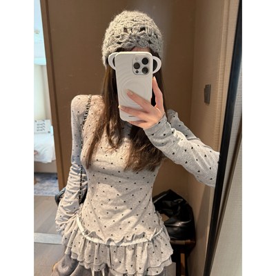 miu系爱心荷叶花边蕾丝叠穿小衫