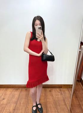 MADEINAM编织感镂空针织_法式复古设计感流苏下摆针织背心连衣裙