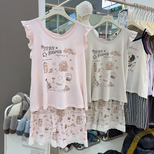 missjuju背心短裤睡衣女夏可爱卡通花边甜美荷叶边无袖家居服套装