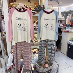missjuju家居服女秋冬季学生加厚纯棉卡通粉色条纹睡衣套装可外穿