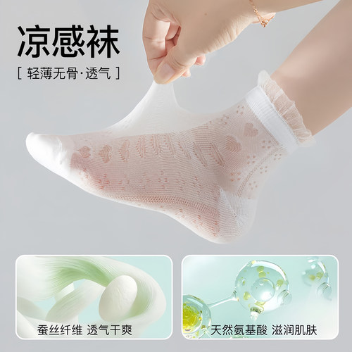 女童袜子夏季薄款桑蚕丝网眼袜儿童夏天凉感无骨袜纯色花边公主袜
