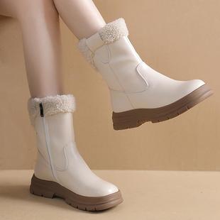 头层牛皮雪地靴女2025新款 加绒加厚保暖软底防滑真皮中筒靴子 冬季