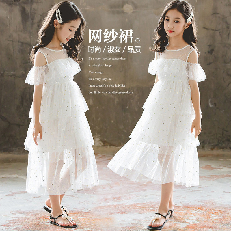 女童连衣裙夏季露肩网纱裙165韩版长裙中大童星星蛋糕裙公主裙子7