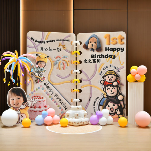 宝宝周岁生日毛绒款布置KT板马卡龙气球派对装饰周岁宴拍照背景墙