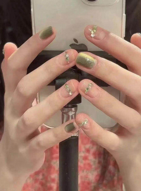 初春绿色猫眼手工短款穿戴甲