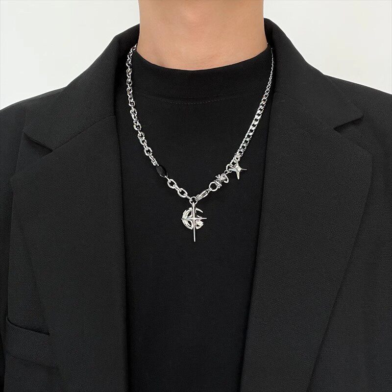 美式黑宝石星月项链男潮感嘻哈t恤链小众设计女生锁骨链配饰