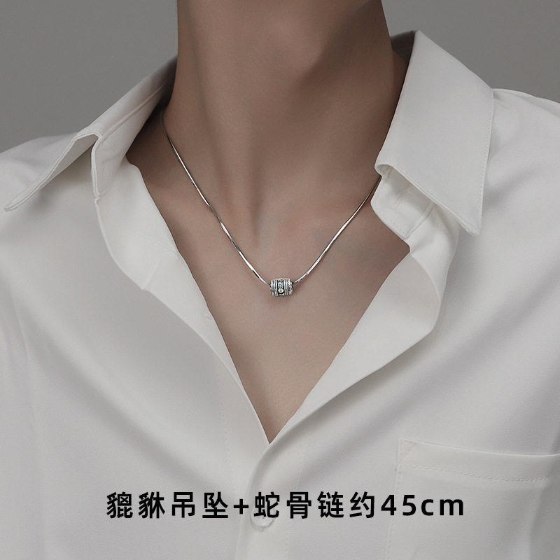 复古旋转貔貅项链男潮流个性蛇骨链项饰防泰银可转动六字真言吊坠