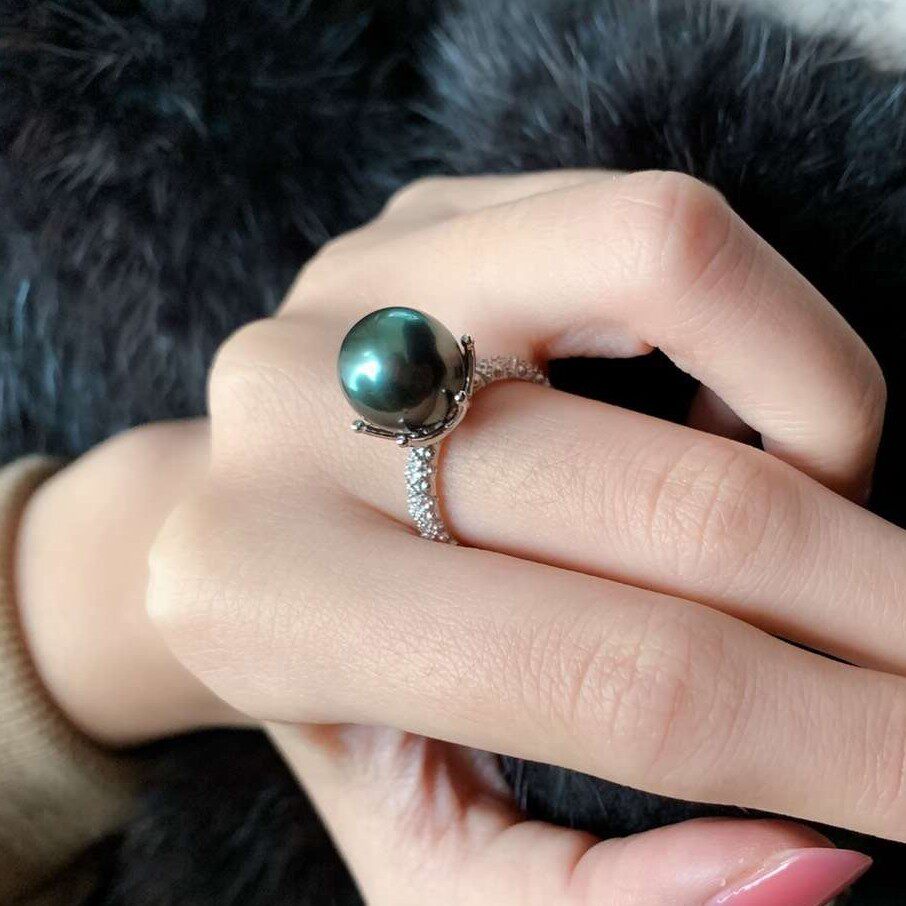 海水黑珍珠戒指正圆银11mm明星款