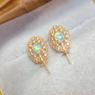 复古风耳钉18K金锆石欧泊耳饰空托diy配件珍珠万能AU750手工