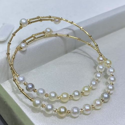 奢华混彩akoya多珠海水珍珠手镯5mm珠18k金可调节糖果手饰送证书