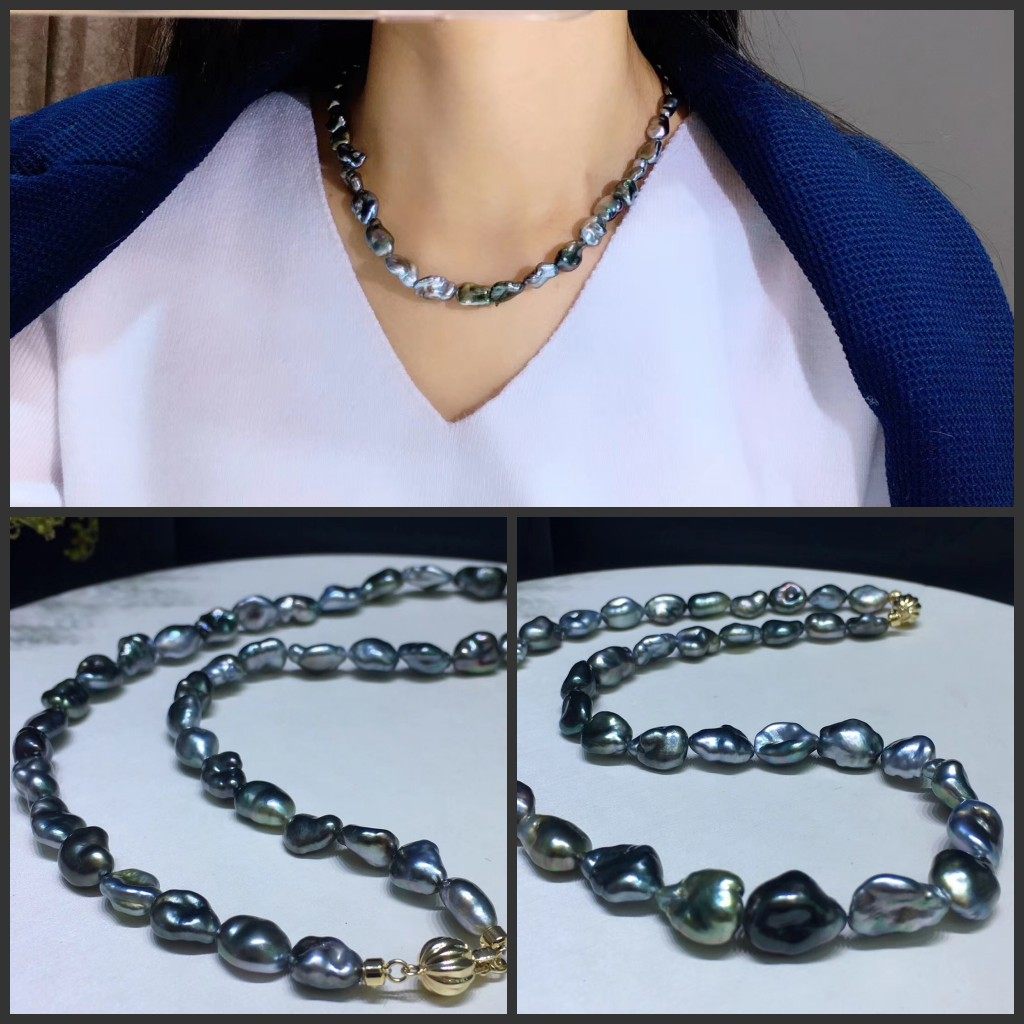 海水无核珍珠项链 自然野生海水黑珍珠无核keshi珍珠黑色系项链