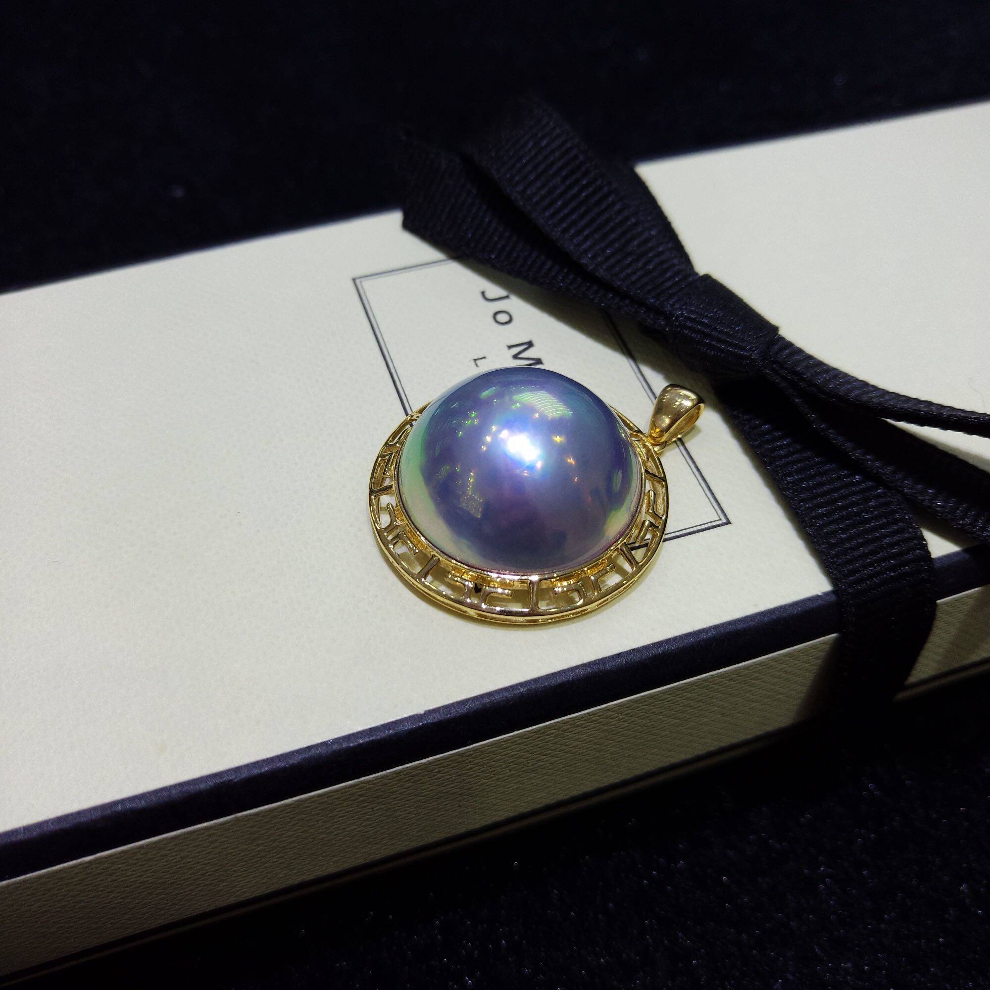 特大孔雀深蓝圆形马贝珍珠吊坠超厚玛贝珍珠挂坠18k金贵气八卦边