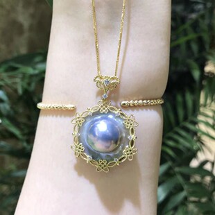 超大炫彩白蓝马贝珍珠戒指厚重宽边18K金吊坠4克金重拉丝包边气质